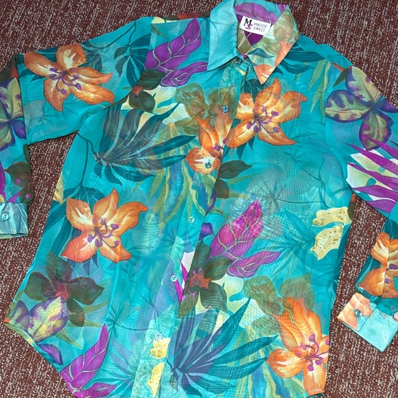 Maggie Sweet Tops - Maggie Sweet vintage sheer capri blue tropical floral button down women’s blouse
